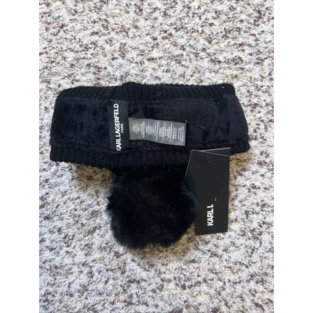 KARL LAGERFELD PARIS New Women's Faux-Fur Pom Rhinestone Karl Beanie‎ BLACK